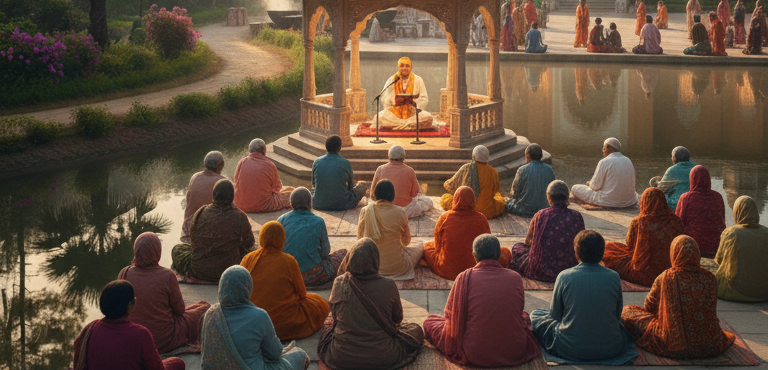 People listening to a spiritual discourse